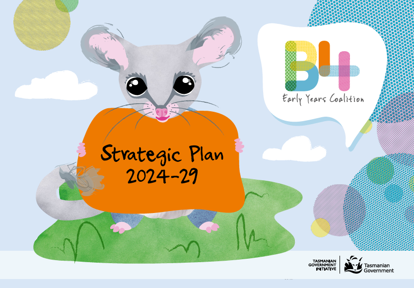 Percy the Possum, B4 mascot holds a sign that reads 'Strategic Plan 2024-2029'